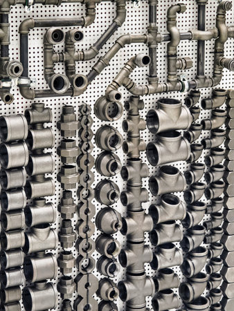 Industrial display of various metal pipe fittings and connectors on a perforated wall in a workshop