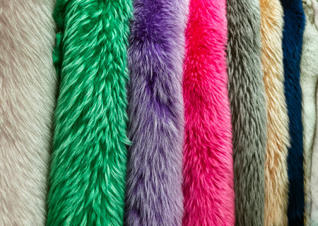 Colorful collection of faux fur fabric on display, showcasing a variety of vibrant textures and hues...