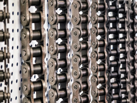 Different types of metal chains displayed in a workshop environment with a focus on craftsmanship