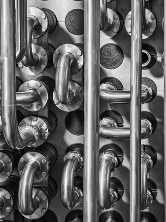 Complex arrangement of shiny metallic pipes and cooler fittings