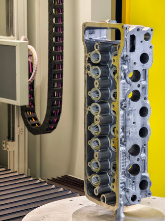 Precision machining of an engine block component in a manufacturing facility during daytime...