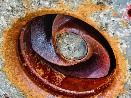 Close-up view of a rusty pump impeller in a textured environment showcasing decay and industrial...