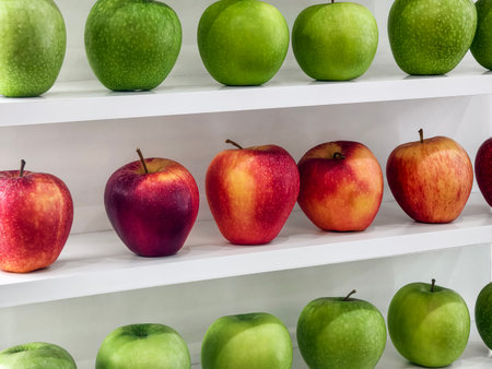 Rows of fresh apples with varied colors on display in a marketの写真素材