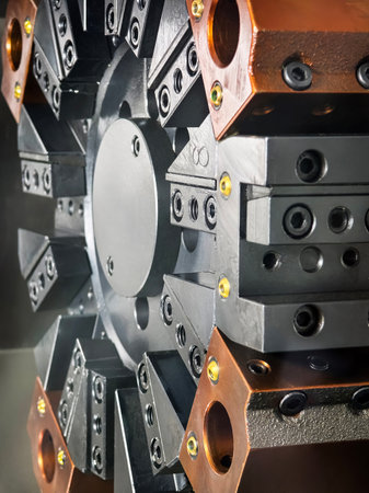 Close-up view of a complex industrial machine part showing intricate design and engineering details