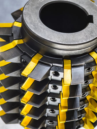 Precision machining tool with black and yellow components in a factory setting during daylight