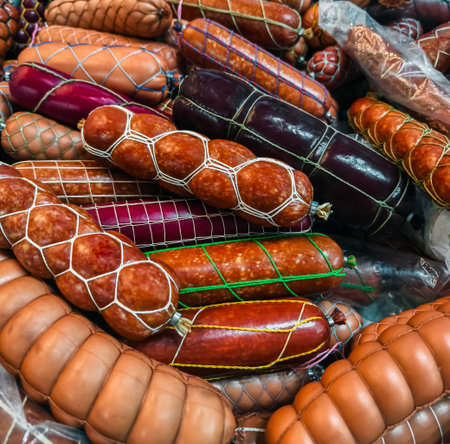 Variety of sausages arranged for sale at a local market in vibrant colors during the afternoonの写真素材