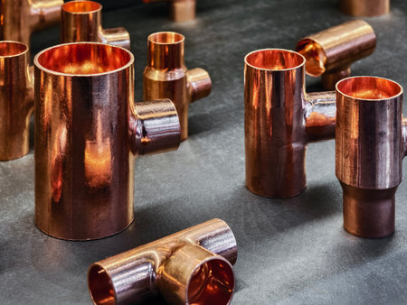 Copper pipe fittings arranged on a dark surface in a workshop during daylight hoursの写真素材
