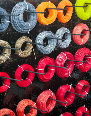 Colorful wire spools hang neatly in a display at a hardware store in the afternoonの写真素材