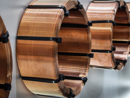 Copper wire coils on display in a manufacturing facility with focus on industry and production processesの写真素材