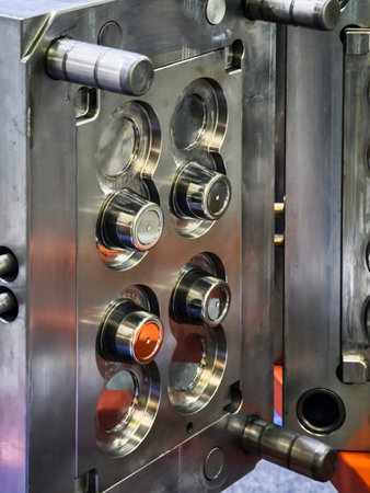 Close view of metal mold used for manufacturing plastic parts in an industrial setting during...