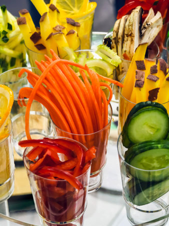 Various colorful vegetable sticks presented in clear cups at a food event happening during the day