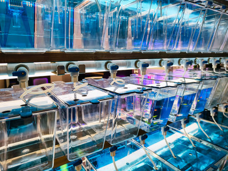Fish breeding aquariums lined in a row with clear tanks and water filtration systems during daytime...