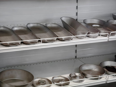 Metal baking pans and trays on the shelves in a kitchen storage area with various sizes and shapes...