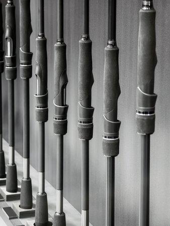 Different fishing rods arranged neatly on display at a store, showcasing various styles and designs...