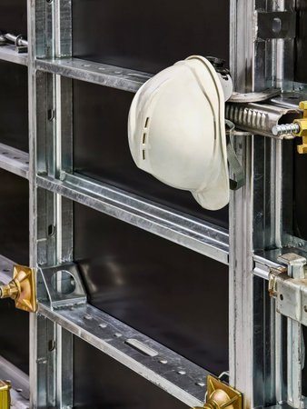 Construction site shows a safety helmet hanging on metal framework during work hours in a building...