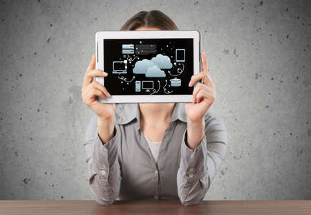 Woman, tablet, positive.の写真素材