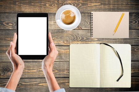 Tablet, hold, man.の写真素材