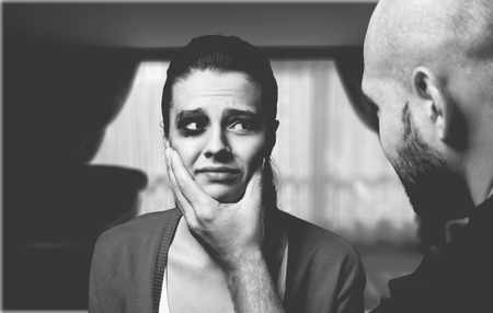 Crying scared female face with.の写真素材