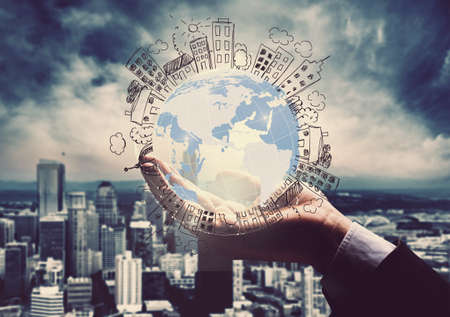 Hand and globe illustration.の写真素材