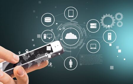 technology, internet, tv and virtual screens concept - man pressing button on virtual screen with...