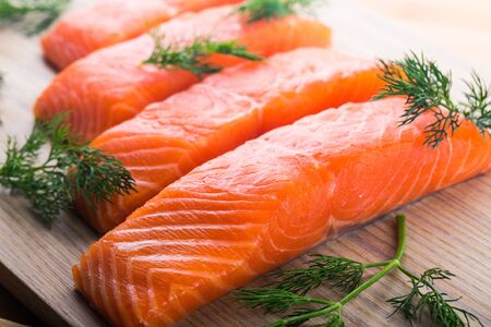 Fresh Wild Salmon Steak & Raw Fish Fillet, Healthy Food Preparationの写真素材