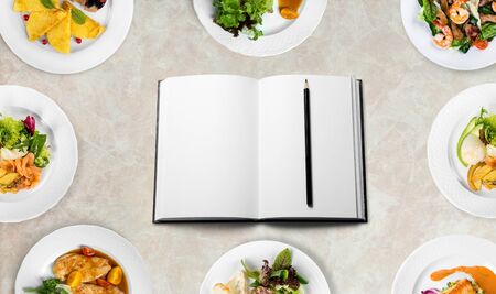 Diet plan mockup with healthy restaurant food delivery. Natural organic fitness nutrition for diet. Daily meals in foil boxes with copy space at white wood. Top view, flat layの写真素材