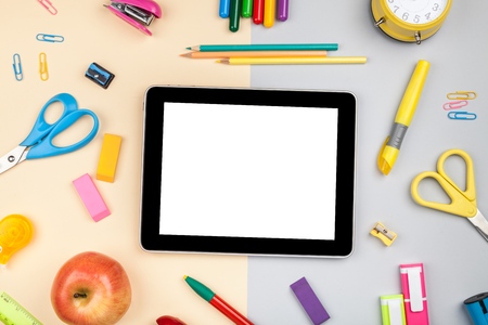School and office supplies on tablet.