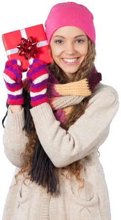 Happy women with Christmas giftの写真素材