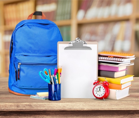 School Backpack with stationery, close-up viewの写真素材