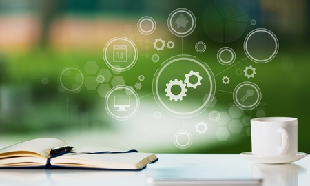 Business and technology concept. Graphs and icons on virtual screen background.
