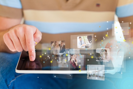 technology, internet, tv and virtual screens concept - man pressing button on virtual screen with...