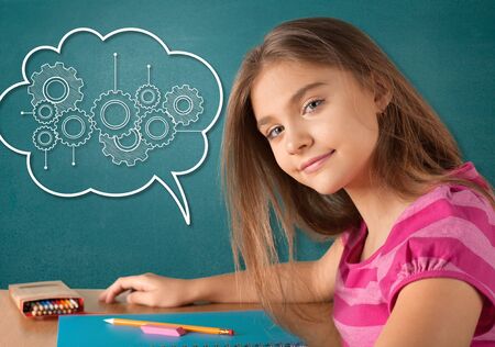 Happy healthy smart girl child kid raising engineering gears mind mapping in brain cloud icon...