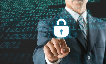 Businessman pressing lock icon with binary code, cyber security concept.