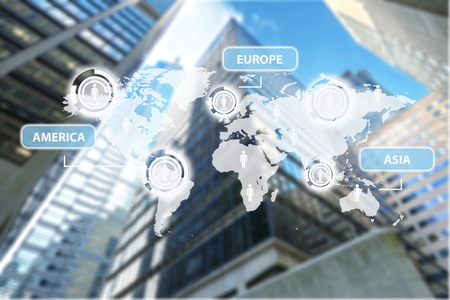 Double exposure city and global business network connection with dollar and trading graph.