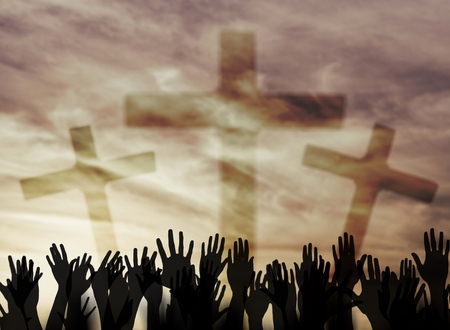 Silhouette of christian prayers raising hand while praying to the Jesusの写真素材