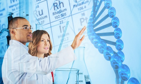 Laboratory glassware on color background
