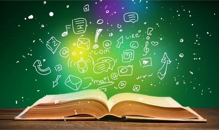 Bible on table with green background and copy spaceの写真素材