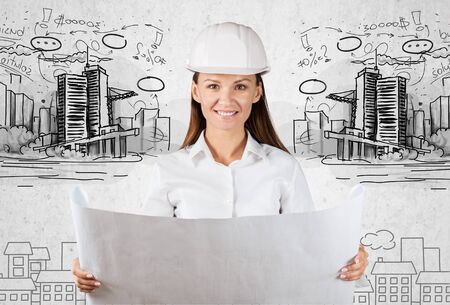 Woman engineering with creative drawing environment with happy family, eco friendly, save energy, against a brick wallの写真素材