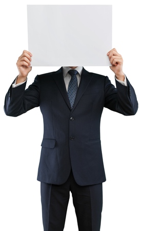 Businessman Holding a Blank Page in Front of his Faceの写真素材