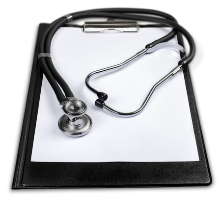 Stethoscope and blank clipboard isolated on whiteの写真素材