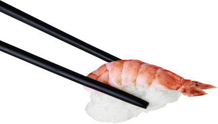 Black Wooden Chopsticks with Nigri Sushi - Isolatedの写真素材