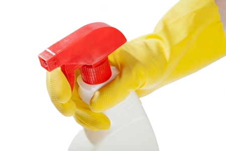 Hand in Rubber Glove Holding a Spray Bottleの写真素材