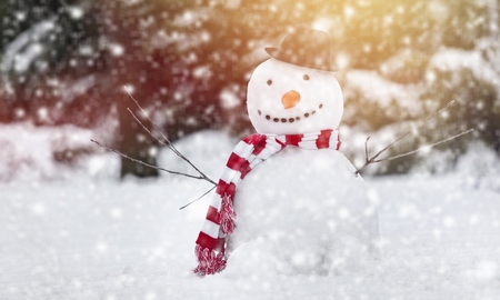 Snowman with Christmas gift on snowの写真素材