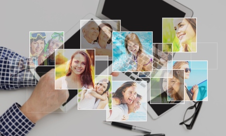 business, people, international communication, headhunting and technology concept - close up of...