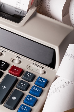 Printing Calculator with Paper Tape Rolled Upの写真素材