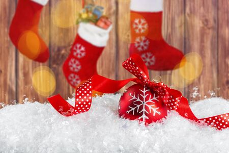 Merry christmas and happy new year card with red decorationの写真素材