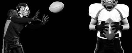 Sport concept. American football sportsman player on black background with copy space. Sport...