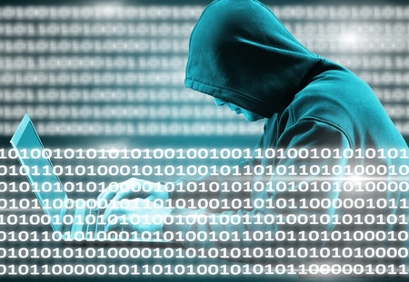 Internet crime concept. Hacker working on a code and stealing credit card with digital interface...