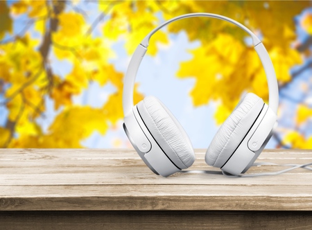 Classic headphone on tableの写真素材