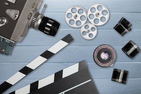 Classic clapperboard and lensesの写真素材